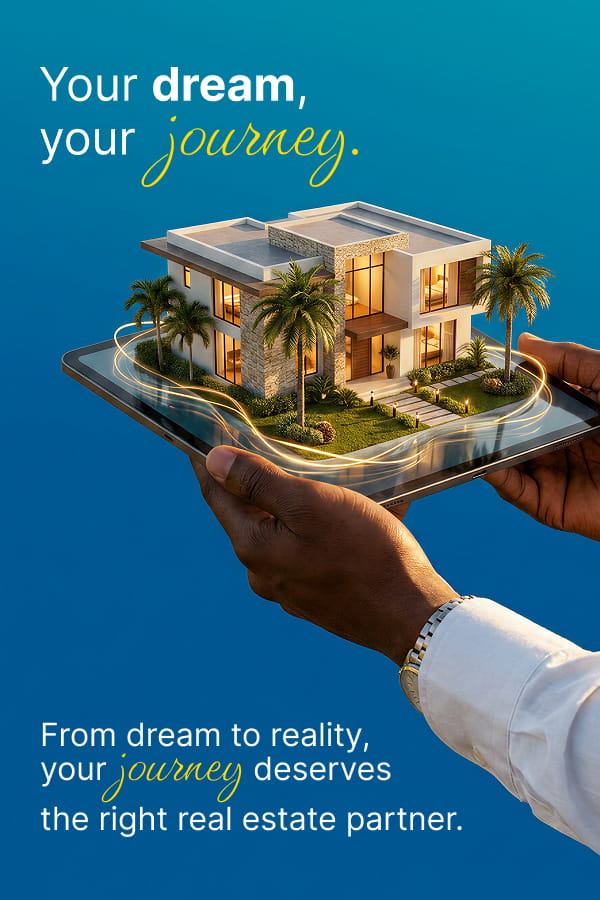 Hands hold a tablet displaying a 3D house model with glowing light rings and the slogan 'Your dream, your journey.'